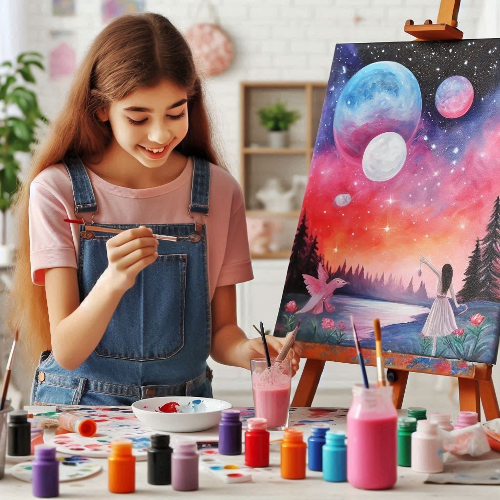 young girl making painting on paint and sip art room